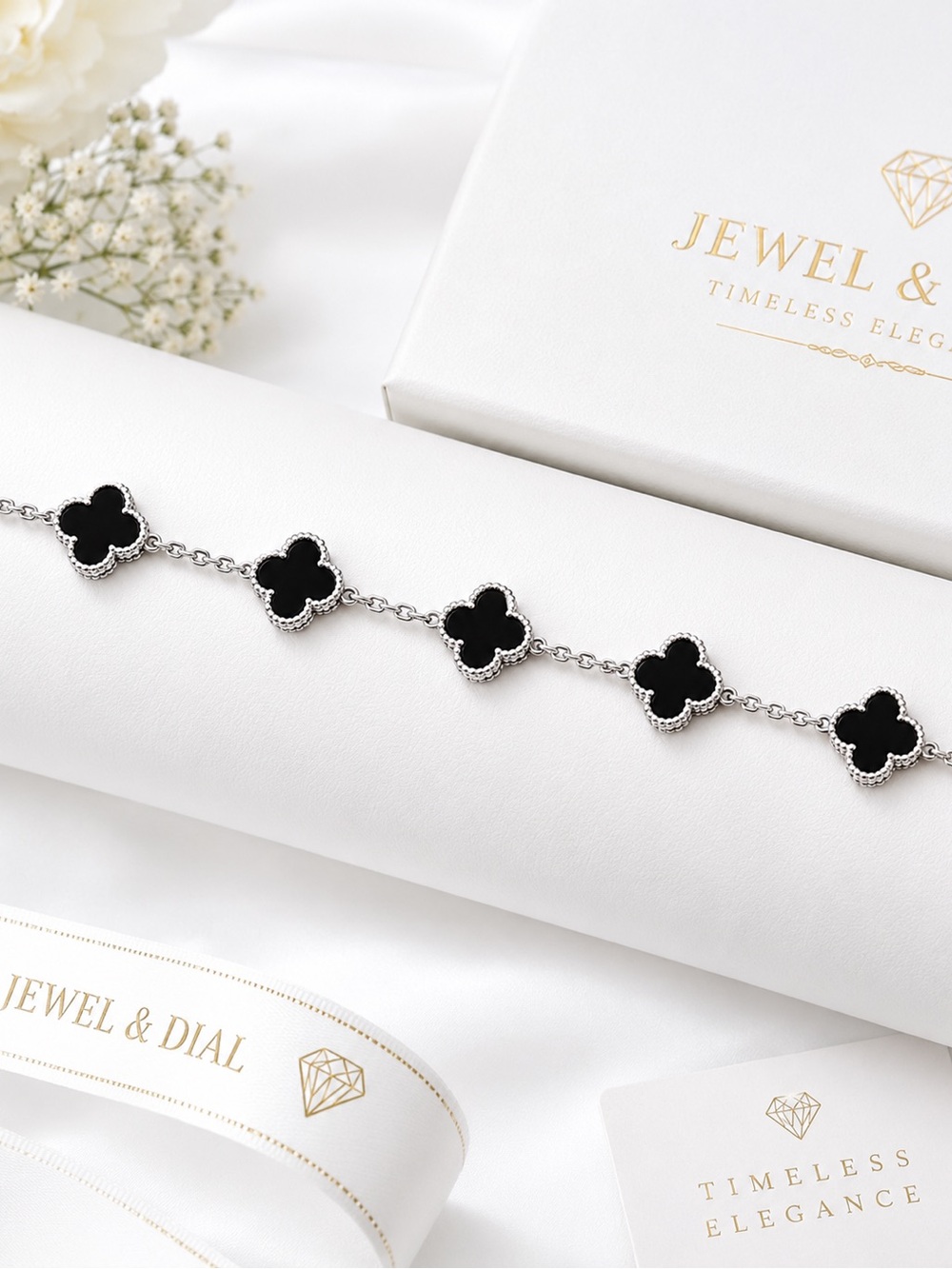 925 Sterling Silver Onyx Clover Bracelet 7 inches